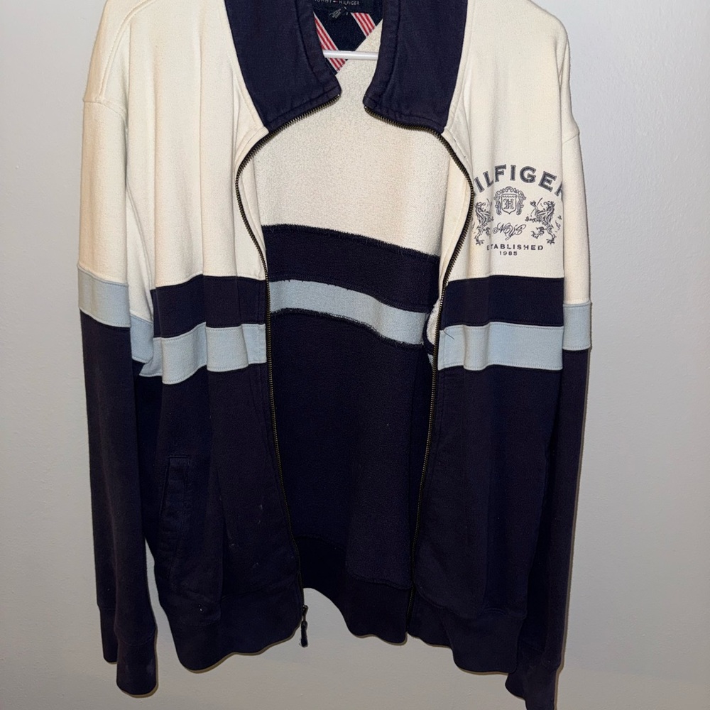 Tommy Hilfiger Men's vintage Navy and Cream Varsity zip up